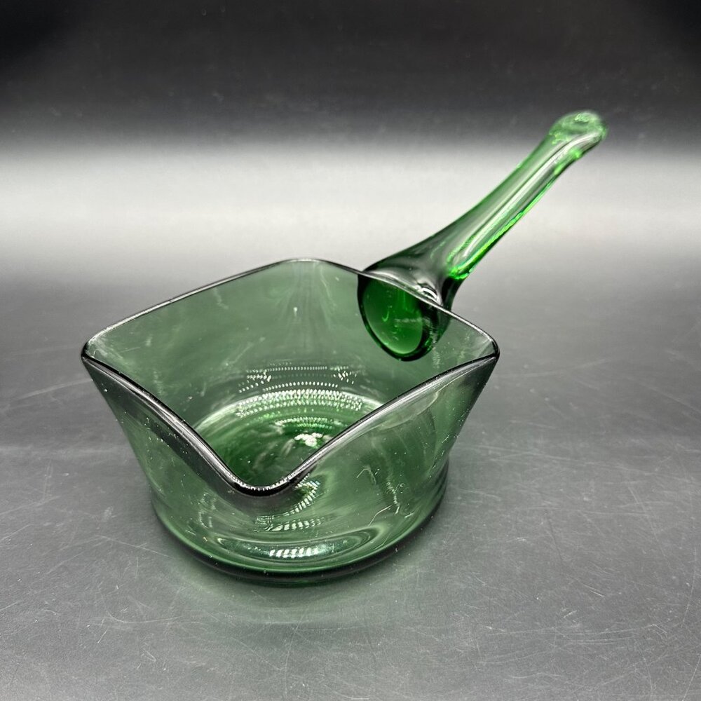 Vintage Green Art Glass Scoop Pan Handmade Square Planter Dish Applied Handle